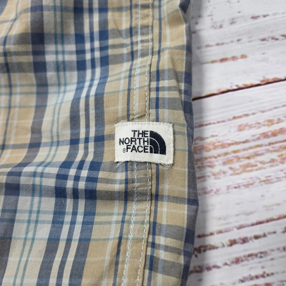 The North Face Button Up Shirt Mens L Blue Tan Excellent Plaid Short Sleeve